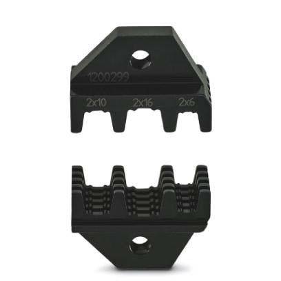 Zwei schwarze, gekerbte Metallklemmen, eine über der anderen, mit Größenmarkierungen: '2x10', '2x15', '2x5'. Zum Befestigen von Gegenständen verwendet.