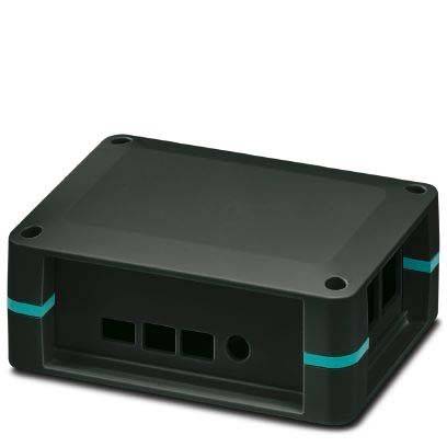 Ein schwarzes rechteckiges elektronisches Gehäuse mit Belüftungsöffnungen und blauen Akzentlinien an den Seiten, verwendet zum Unterbringen von elektronischen Komponenten.
