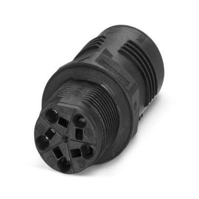 Ein schwarzer industrieller Elektrostecker mit mehreren Kontaktstiften, entwickelt für sichere Verbindungen in Maschinen oder Geräten.