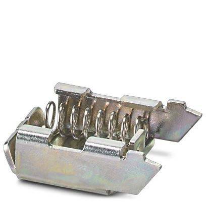 Eine Metallklemme mit Federn und Pfeilen, die für Kabelverwaltung oder Kabelorganisation konzipiert ist.