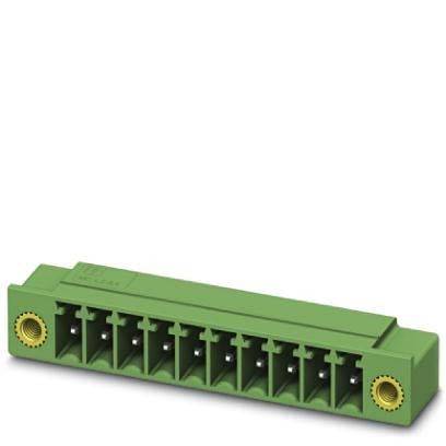 Ein grüner, rechteckiger elektronischer Anschluss mit zehn Metallkontakten und zwei goldenen Befestigungslöchern an jedem Ende, der wahrscheinlich für Leiterplatten verwendet wird.