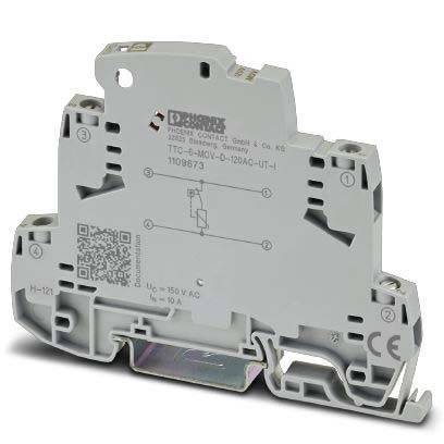 Eine graue elektronische Komponente mit Anschlüssen und Beschriftung, die für elektrische Verbindungen oder Schutzzwecke in Schaltkreisen verwendet wird und mit technischen Spezifikationen gekennzeichnet ist.