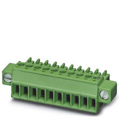 Grüner 10-poliger Schraubklemmenblock, verwendet für Verdrahtungsverbindungen in elektrischen und elektronischen Anwendungen.