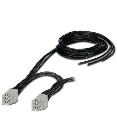 Ein schwarzes Elektrokabel mit zwei grauen Steckern an einem Ende, aufgerollt und ausgestreckt, geeignet zum Anschluss elektronischer Geräte.