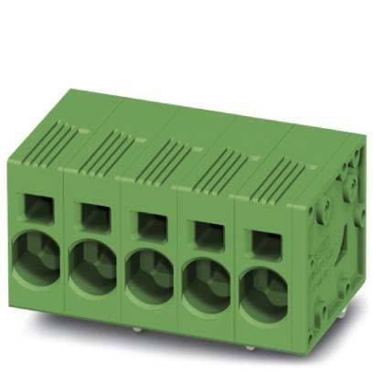 Grüner modularer Reihenklemmenblock mit fünf Anschlusspunkten für elektrische Verdrahtung.