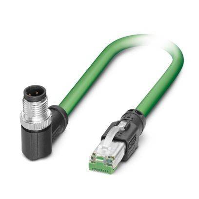 Ein grünes industrielles Ethernet-Kabel mit einem abgewinkelten M12-Stecker und einer RJ45-Buchse.
