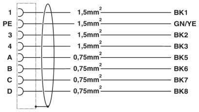 Diagramm einer Ellipse mit Linien, die nach rechts verlaufen und mit '1,5mm²' und '0,75mm²' beschriftet sind, die Messungen in verschiedenen Abschnitten anzeigen.