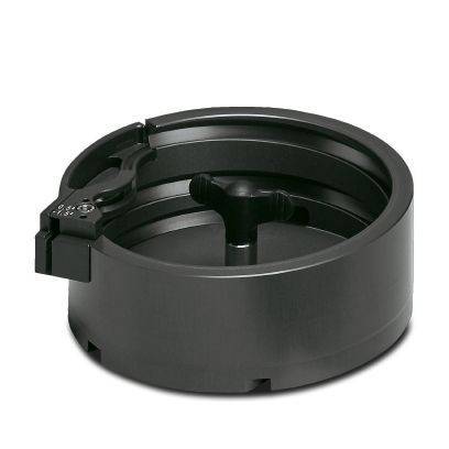 Schwarze kreisförmige Kunststoffklemme oder Befestigungsring mit zentralem Knopf, gezeigt auf weißem Hintergrund.