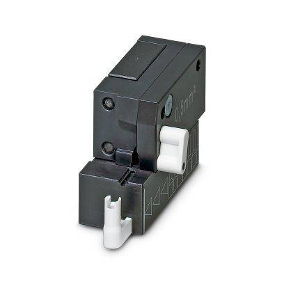 Schwarzer tragbarer elektronischer Schalter oder Sensor mit weißem Betätigungselement, dargestellt vor einem einfachen Hintergrund.