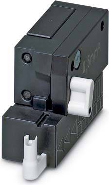 Ein Nahaufnahmebild eines kompakten schwarzen Geräts mit einem weißen Hebel, das mit '0,5 mm²' markiert ist und wahrscheinlich zur Draht- oder Kabelverarbeitung verwendet wird.