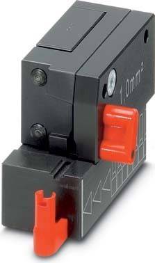 Eine mechanische Komponente mit einem schwarz-roten Schalter, der eine 10-mm-Markierung aufweist, wahrscheinlich Teil einer elektrischen oder industriellen Vorrichtung.