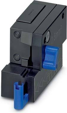 Eine Nahaufnahme einer schwarzen Metallmechanik mit einem blauen Hebel, die präzise Schnitte und Zahnräder aufweist, möglicherweise Teil einer Industriemaschine.