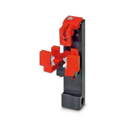 Rote mechanische Klemme oder Halterung mit federbelasteten Backen, montiert auf einem schwarzen vertikalen Sockel, auf weißem Hintergrund gezeigt.