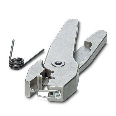 Metallisches, federbelastetes Handwerkzeug mit einer aufgewickelten Feder daneben, dargestellt auf weißem Hintergrund.