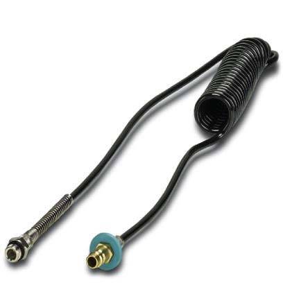 Ein gewickelter schwarzer Kabel mit Metallsteckern an jedem Ende, konzipiert für industrielle oder automotive Anwendungen.