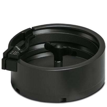 Ein schwarzer, runder Kaffeemaschinenbestandteil mit einem Hebel und Ausguss, der entwickelt wurde, um Filter zu halten und zu sichern, der häufig zum Kaffeebrühen verwendet wird.