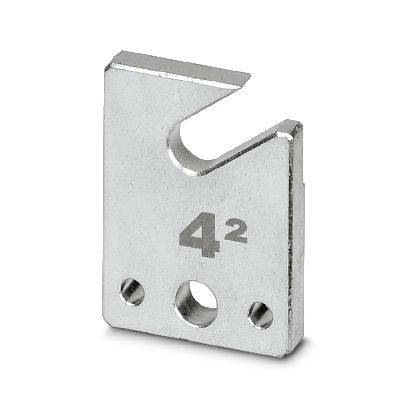 Metallschneid- oder Klingenführungsblock mit U-förmiger Kerbe und drei Befestigungslöchern, gekennzeichnet mit '42'.