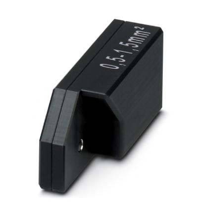 Ein schwarzer Verbindungsstecker, gekennzeichnet mit '0,5 - 1,5 mm²', der zum Spleißen von Drähten verwendet wird. Kann Drahtgrößen zwischen 0,5 und 1,5 mm² verarbeiten.