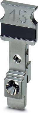 Eine Metallhalterung mit zwei kreisrunden Befestigungslöchern, mit polierter Oberfläche und quadratischer Oberseite.