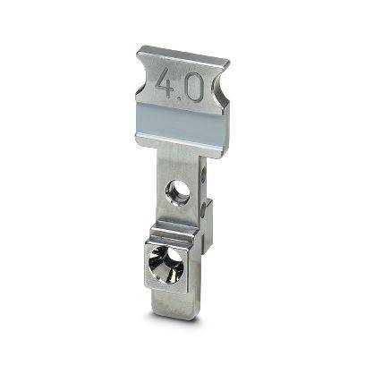 Metall 4.0 Klemm- oder Halterkomponente mit einem zentralen Loch und einer unteren Befestigungsschraube, gezeigt auf weißem Hintergrund.