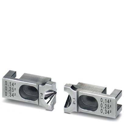 Zwei Einspritzformnadel-Einsätze aus Metall für Heißkanalsysteme, die Ausschnittdetails mit gravierten Spezifikationen zeigen: '0,14², 0,25², 0,34²'.