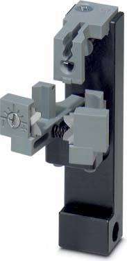 Eine Nahaufnahme einer mechanischen Klemmvorrichtung mit einer Feder, die Einstellknöpfe und Greifmechanismen auf einer vertikalen Stütze zeigt.