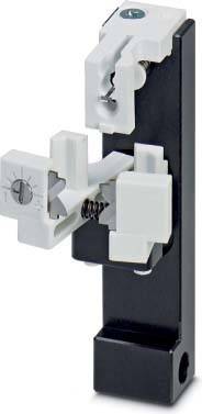 Eine Klemme mit einer Drehscheibe und Federmechanismus, die an einer vertikalen Oberfläche befestigt ist und zum Sichern oder Justieren von Komponenten verwendet wird.