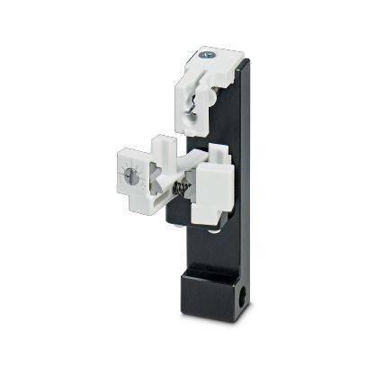 Nahaufnahme einer schwarzweißen mechanischen Verschlussvorrichtung oder Klemmbacke mit einem Schrauverstellmechanismus auf einfachem Hintergrund.