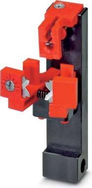 Orangefarbene Hebel-Spannzwinge mit roten Backen auf einer schwarzen Basis, ausgestattet mit einer zentralen Schraube zur Verstellung. Wird zum Sichern von Werkstücken verwendet.