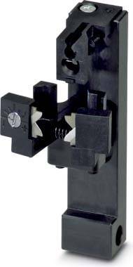 Eine schwarze Drahtklammer mit Schrauben- und Federmechanismus, die zum Sichern und Justieren von elektrischen Leitungen verwendet wird.