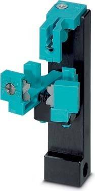 Eine schwarze vertikale Platte hält eine blaue Kunststoffvorrichtung mit einer Metallschraube. Die Vorrichtung scheint ein Klapp- oder Befestigungsmechanismus zu sein.