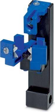 Ein blauer Abisolierer mit metallischen Klingen und einem Federmechanismus ist an einer schwarzen vertikalen Oberfläche befestigt.