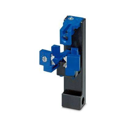 Blau-schwarze Industrieklemme oder Sensorbefestigung mit verstellbarem Mechanismus auf vertikaler Basis montiert.