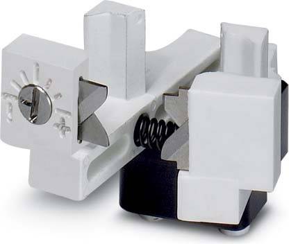 Ein Nahaufnahmebild einer weißen Plastikklemme mit verstellbaren Schrauben, die entwickelt wurde, um kleine Gegenstände sicher zu befestigen. Eine Feder ist an einer Seite sichtbar.