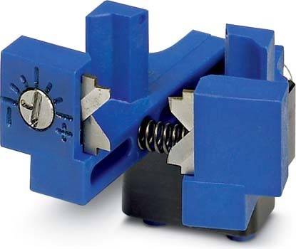 Eine blaue Eckklemme mit verstellbaren Schrauben, die zum Befestigen von Holz in einem Rechten Winkel entwickelt wurde und Metalljaws mit einem sichtbaren Federmechanismus besitzt.