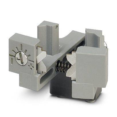 Grauer Elektroklemmenblock mit Schraubenverstellung und federbelasteter Klemme, isoliert auf weißem Hintergrund dargestellt.