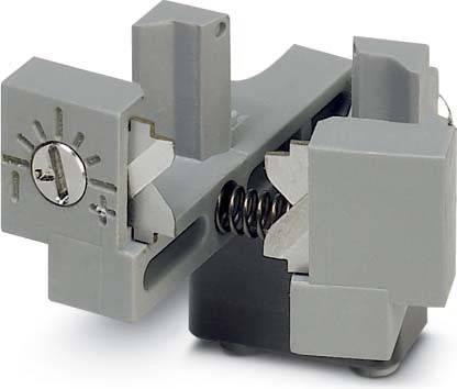 Eine Klemme aus Metall und Kunststoff mit einem Schraubenverstellmechanismus und einer Feder, die wahrscheinlich zum sicheren Halten oder Justieren von Geräten oder Materialien verwendet wird.