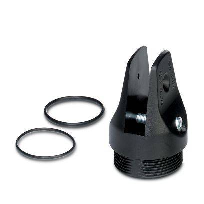 Schwarzer gewindebolzen-metallmontageeadapter mit zwei O-Ringen daneben auf weißem Hintergrund.