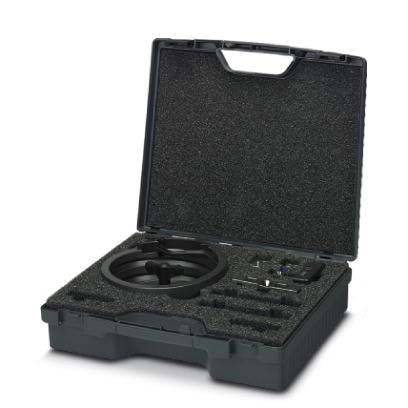 Schwarze Transporttasche mit Schaumstoffeinsatz und verschiedenen Fächern, geöffnet, um kreisrunde und rechteckige Räume zur sicheren Aufbewahrung spezifischer Werkzeuge zu zeigen.