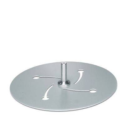 Runde Metallrotationsbasis mit einem zentralen aufrechten Pfosten und drei gekrümmten Ausschnittschlitzen, wahrscheinlich eine Hardware-Montageplatte oder eine Spinnkomponente.