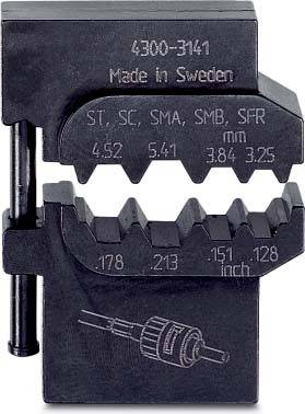 Crimpwerkzeug mit verschiedenen Crimpbackengrößen: 4,52, 5,41, 3,84, 3,25, 0,178, 0,213, 0,151, 0,128, mit dem Text 