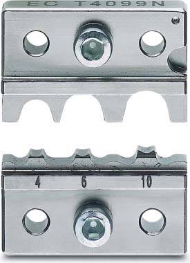 Nahaufnahme von zwei Metallkabelabisolierwerkzeugen mit Löchern für verschiedene Kabelquerschnitte, gekennzeichnet mit den Nummern 4, 6 und 10.