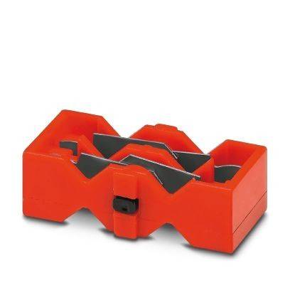 Roter Kunststoff-Abisolierer mit schwarzen Schneideklingen auf weißem Hintergrund.