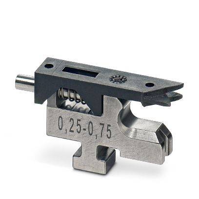 Nahaufnahme eines metallischen Messinstruments im Mikrometer-Stil mit schwarzem oberen Gehäuse und eingravierter Skala „0,25-0,75