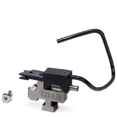 Metallisches Werkzeug zum Drahtknicken, das einen Kiefermechanismus mit einem angehängten gebogenen Draht zeigt. Eine Schraube liegt in der Nähe zur Montage.