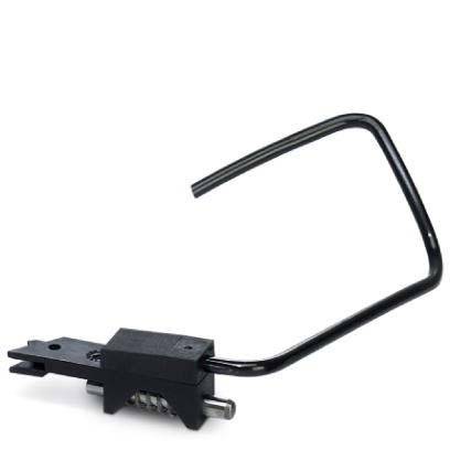 Ein schwarzer Sicherheitsverschluss mit einem gebogenen Bügelschloss, konzipiert zum Sichern von Geräten oder Fächern.