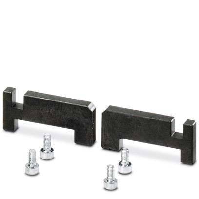 Zwei L-förmige schwarze Metallhalterungen mit vier Schrauben, die zum Montieren oder zur Unterstützung verwendet werden, vor einem weißen Hintergrund platziert.