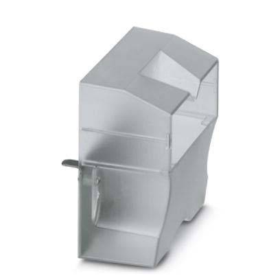 Ein transparentes, eckiges Kunststoffgehäuse mit offener Oberseite und einer Scharnieröffnung, wahrscheinlich zum Halten oder Schützen von elektronischen Bauteilen.