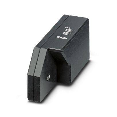 Schwarzer 6 mm² Draht-Anschlussblock mit Schlitzöffnung und Schraubenloch, isoliert auf weißem Hintergrund dargestellt.