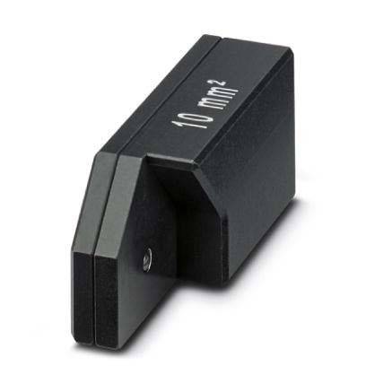 Ein schwarzer, rechteckiger Präzisionsmessblock mit der Beschriftung '10 mm²', der zur Kalibrierung oder Überprüfung der dimensionalen Genauigkeit bei technischen Aufgaben verwendet wird.